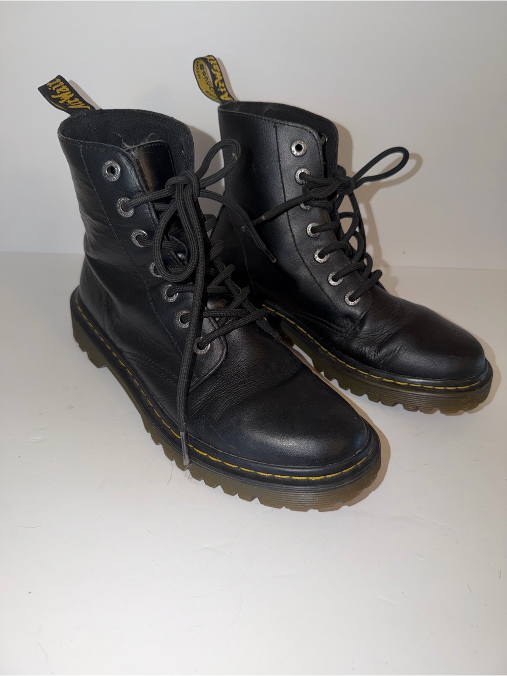 Dr. Martens Black Leather Lace-Up Boots with Yellow Stitching